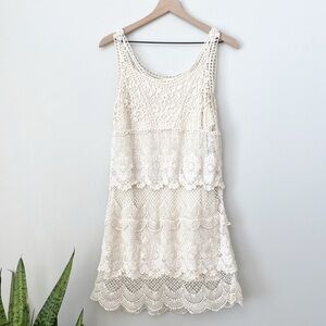 American Eagle Boho Crochet White Festival Tiered Lined Short Mini Dress